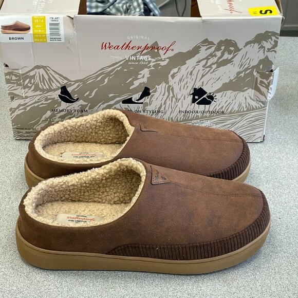 NEW Weatherproof Vintage Memory Foam Faux Fur Slippers Men's 7-8 Brown - Picture 1 of 8